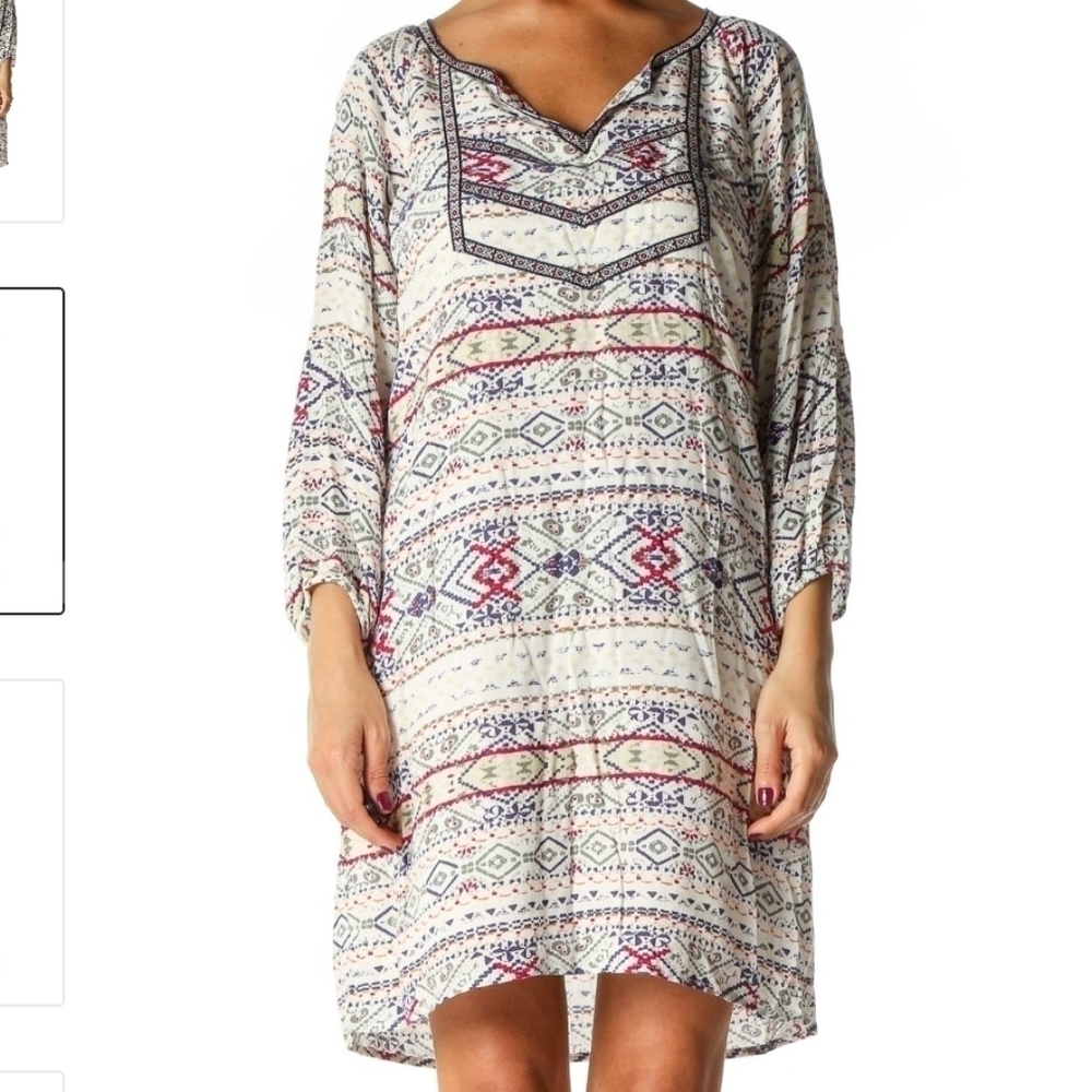Anthropologie Cream Boho Printed Shift Dress with Pink & Blue Accents - Picture 2 of 13
